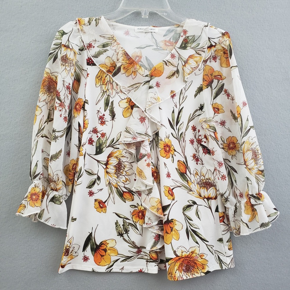 Perseption Concept S Blouse White Floral Ruffle V-Neck Cottagecore Romantic